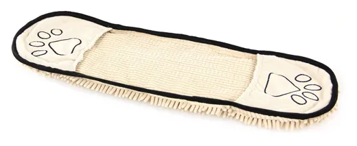 Chenille Tuch beige mit braunen Pfoten.