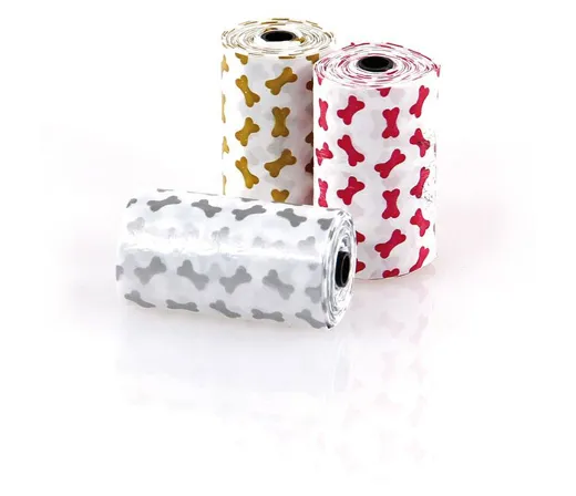 Die swisspet Kotbeutel in 3 Farben mit Knochendesign.