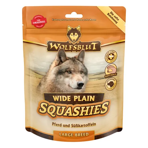 Das Ergänzungsfuttermittel Wide Plain Squashies mit Pferd ist auf die Bedürfnisse grosser Hunderassen abgestimmt.