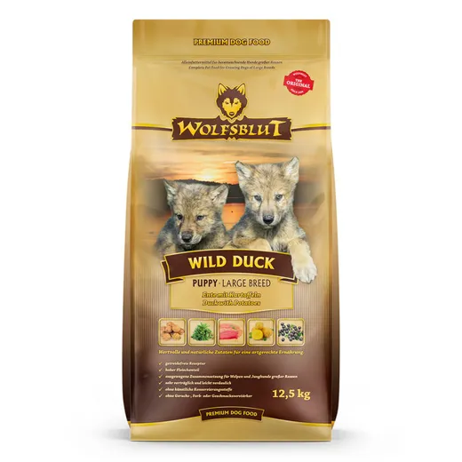 Im Wild Duck Puppy Large Breed Premium Trockenfutter Ente & Kartoffel steckt alles was dein Welpe für ein gesundes Wachstum benötigt.
