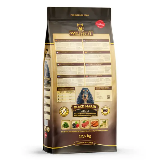 Wolfsblut Black Marsh - 55% Wasserbüffel, Superfoods und kein Zusatzstoff. Natürliches Hundefutter, das auf Wolfsdiät basiert.