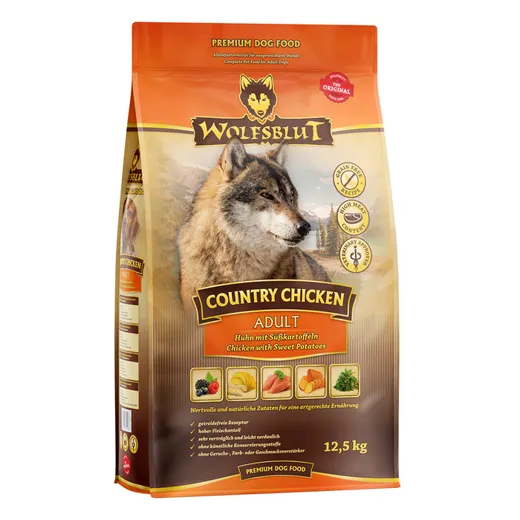 Huhn mit Süsskartoffel von Wolfsblut Country Chicken für eine ausgewogene und gesunde Hundemahlzeit.