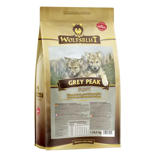 Natürliche, gesunde Ernährung für Welpen, basierend auf der Nahrung der Wölfe bietet das Grey Peak Puppy Premiumfutter von Wolfsblut.