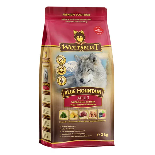 Wolfsblut Premium Trockenfutter Blue Mountain mit köstlichem Wild und nährstoffreichen Kartoffeln.