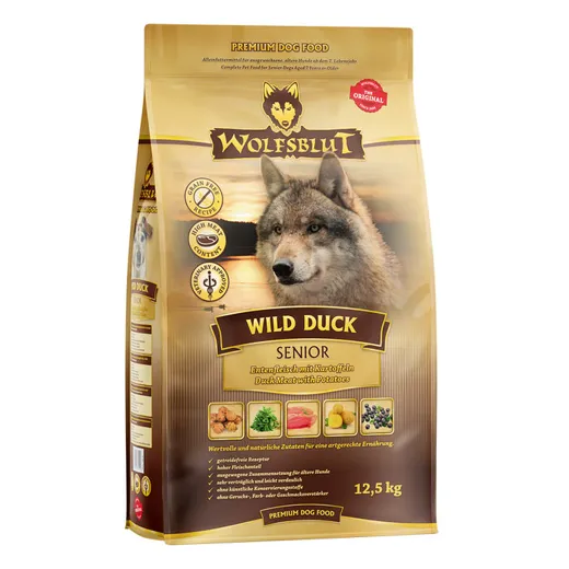 Wolfsblut Wild Duck Senior, das ideale Trockenfutter für ältere Hunde.