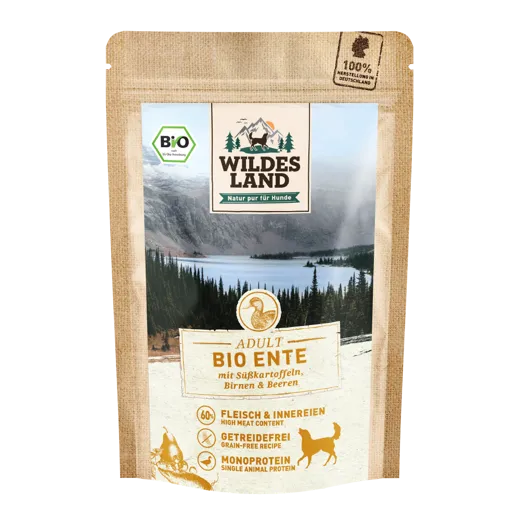 Gesunde Ernährung mit Wildes Land BIO Adult Ente im praktischen 125g Frischhaltebeutel.