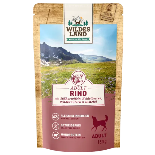 Wildes Land Adult Rind 150g - hochwertiges Nassfutter für dein Haustier.