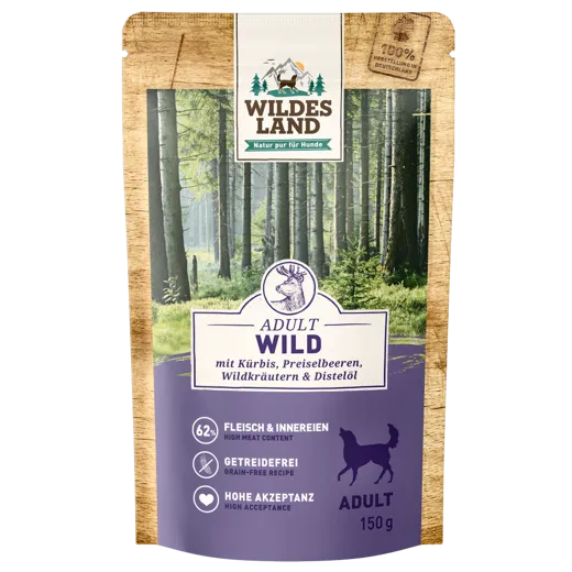Über 62% Fleisch im Wildes Land Classic Adult Wild 150g Beutel.