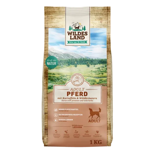 Sensible Hunde lieben Wildes Land Pferd mit Kartoffeln und Wildkräutern1 Kg.