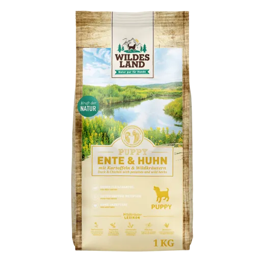 Wildes Land Hundefutter für Welpen - Ente und Huhn mit Kartoffeln und Kräutern 1Kg.