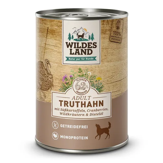 Hundeliebe in Dosen - Wildes Land Adult Truthahn Nassfutter 400g.