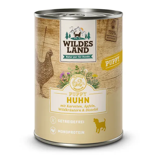 Füttere deinen Welpen wie die Natur es vorgesehen hat, mit Wildes Land Puppy Huhn mit Karotte 400g.