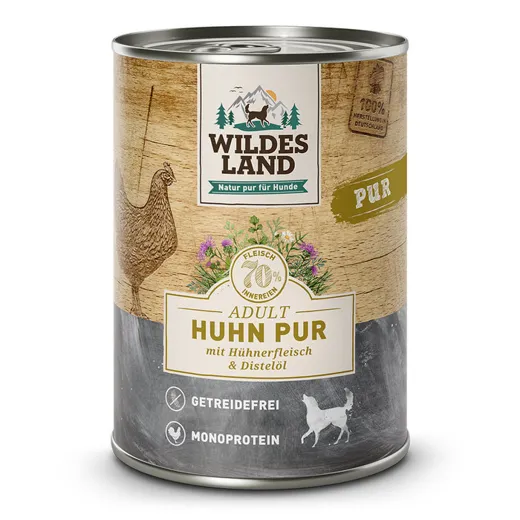 Mit Wildes Land PUR Adult Huhn 400g ernährst du deinen Hund artgerecht.